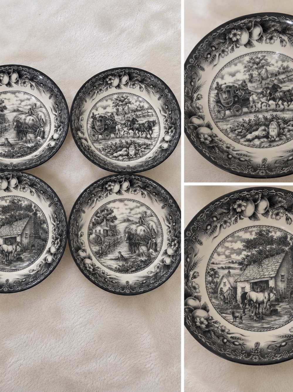 Royal Stafford England Black White Pastoral Bowls Set of 4